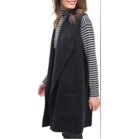 Anthropologie Splendid Juliet Black Ribbed Open Front Knit Vest X-Small - Picture 1 of 16